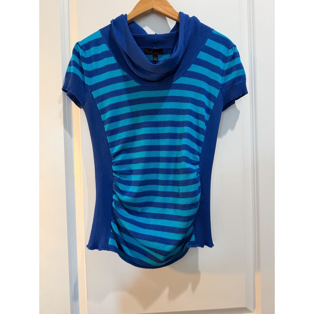 Takeout Womens Blue Striped Cowl Neck Ruched Short Sleeve Knit Top Large